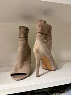 Vince Camuto Taupe Suede Peep-Toe Stiletto Booties